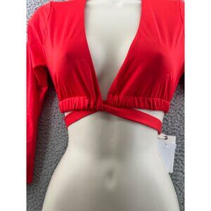 Good American Bright Poppy Red Wrap Crop Top With 3/4 Sleeves & Tie Back Size 2